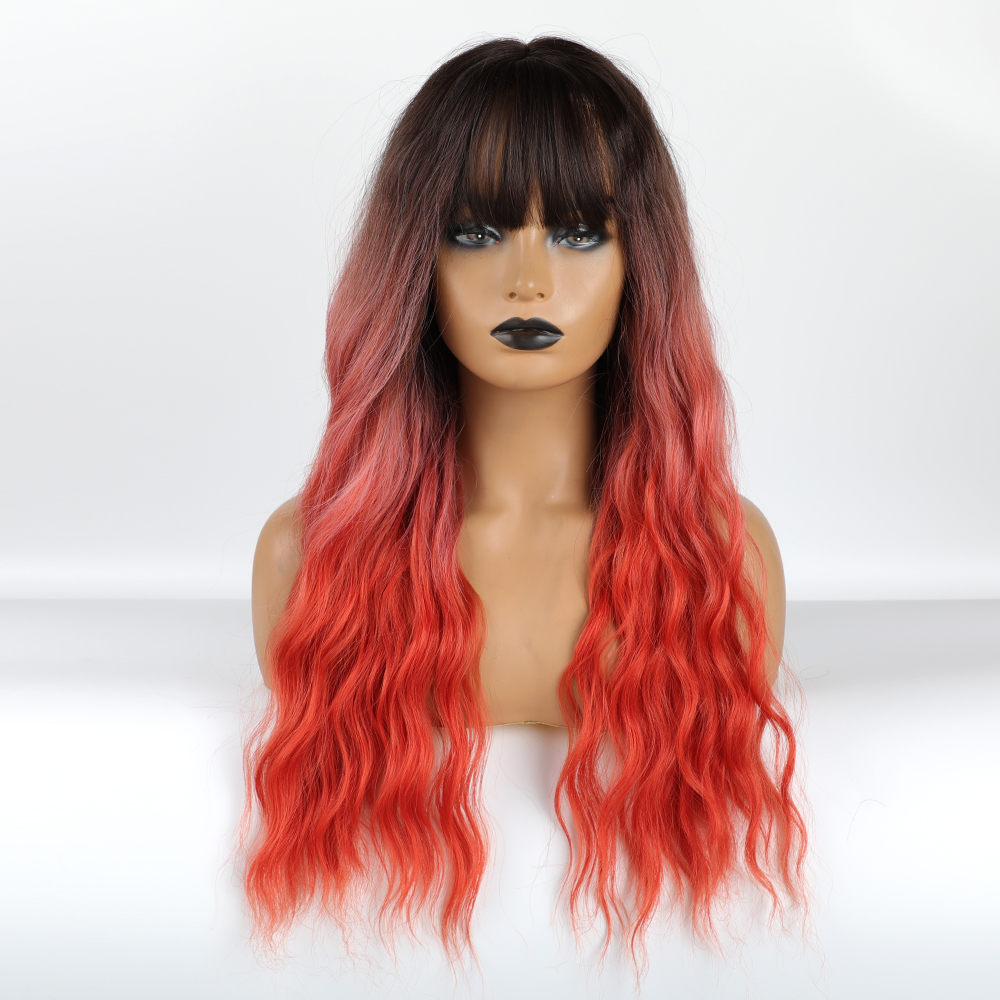 Long Ombre Color Synthetic Hair Wigs With Bangs 26 Inches