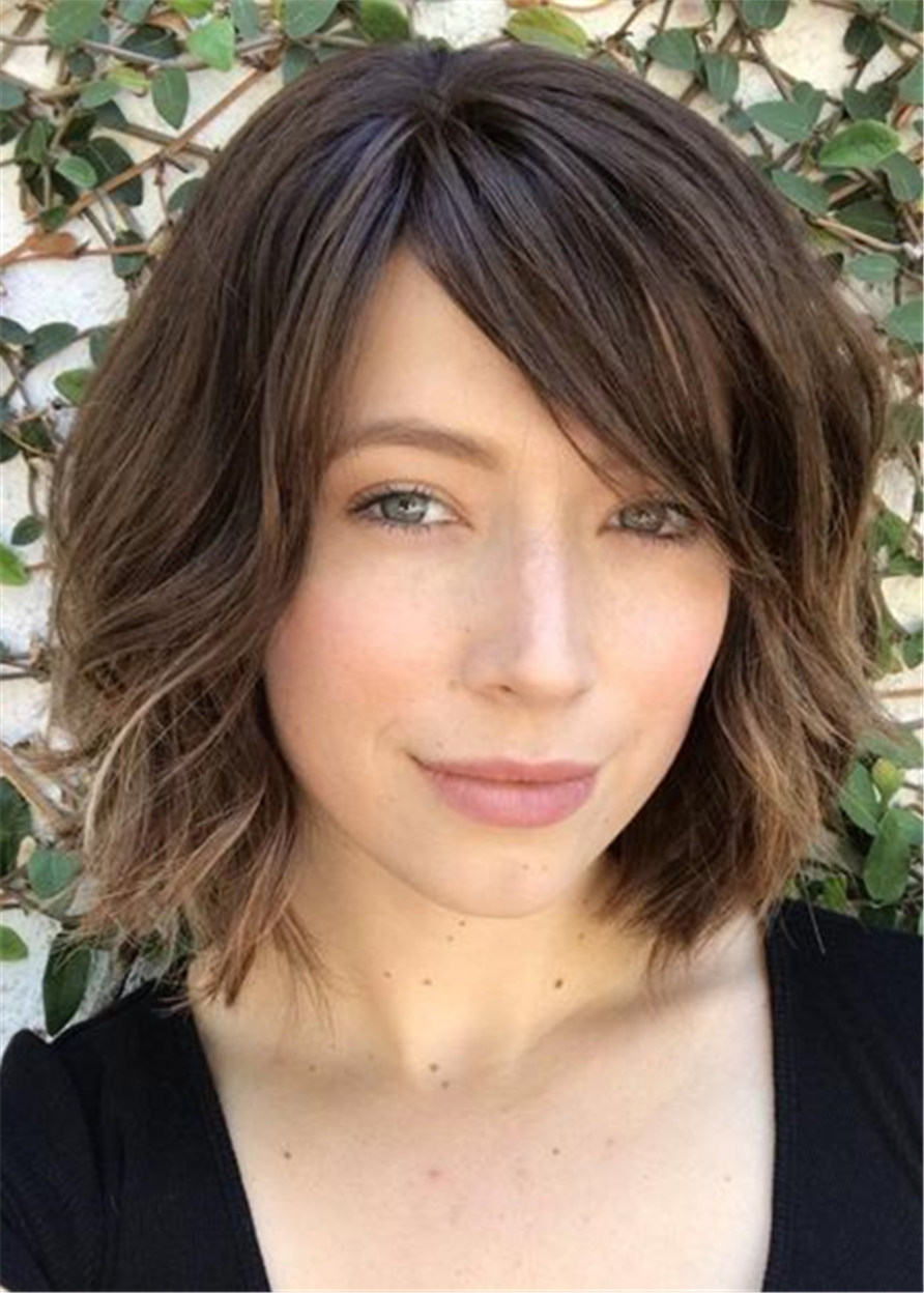 Short Bob Wavy Synthetic Hair With Bangs Women Wig 14 Inches