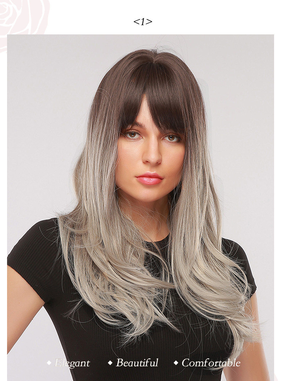 Grey Color Synthetic WavyHair With Bangs Capless Women Wig 26 Inches