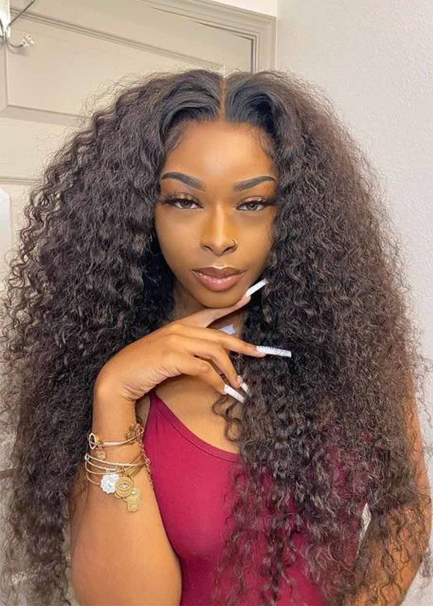 Natural Looking Women's Long Length Kinky Curly Human Hair Capless Wigs 28Inch