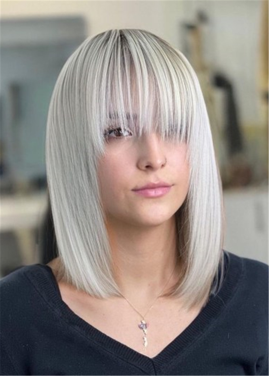 Long Bob Platinum Hairstyles Women's Straight Synthetic Hair Wigs With Bangs 12Inch