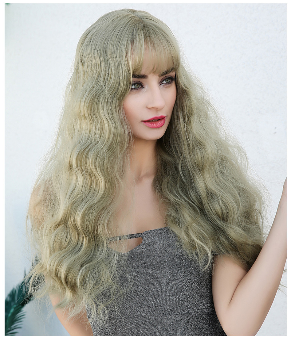 Long Wavy Synthetic Hair With Bangs Light Color Women Wig 26 Inches