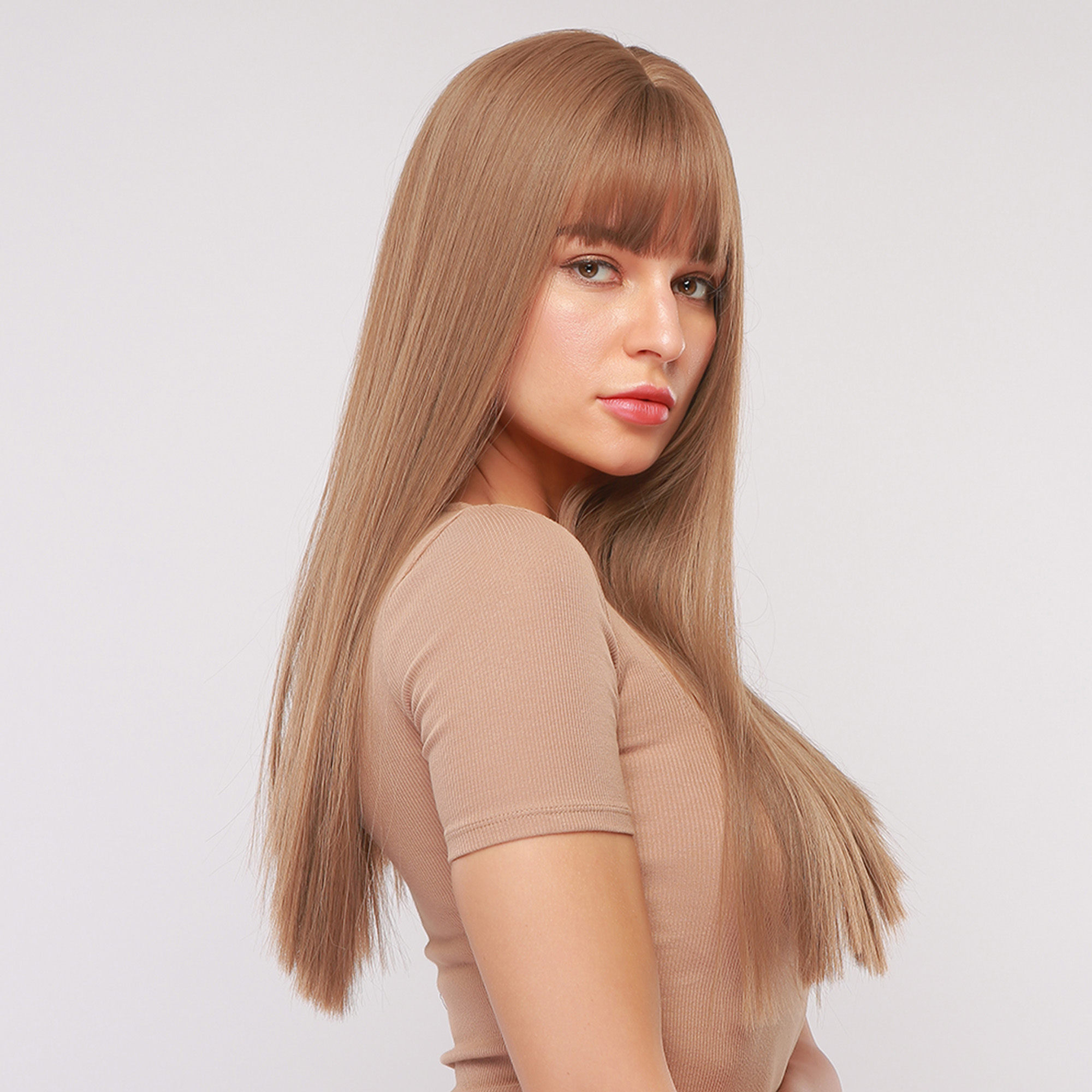 Women's Long Natural Straigt Synthetic Hair With Bangs Capless Wig 26 Inches