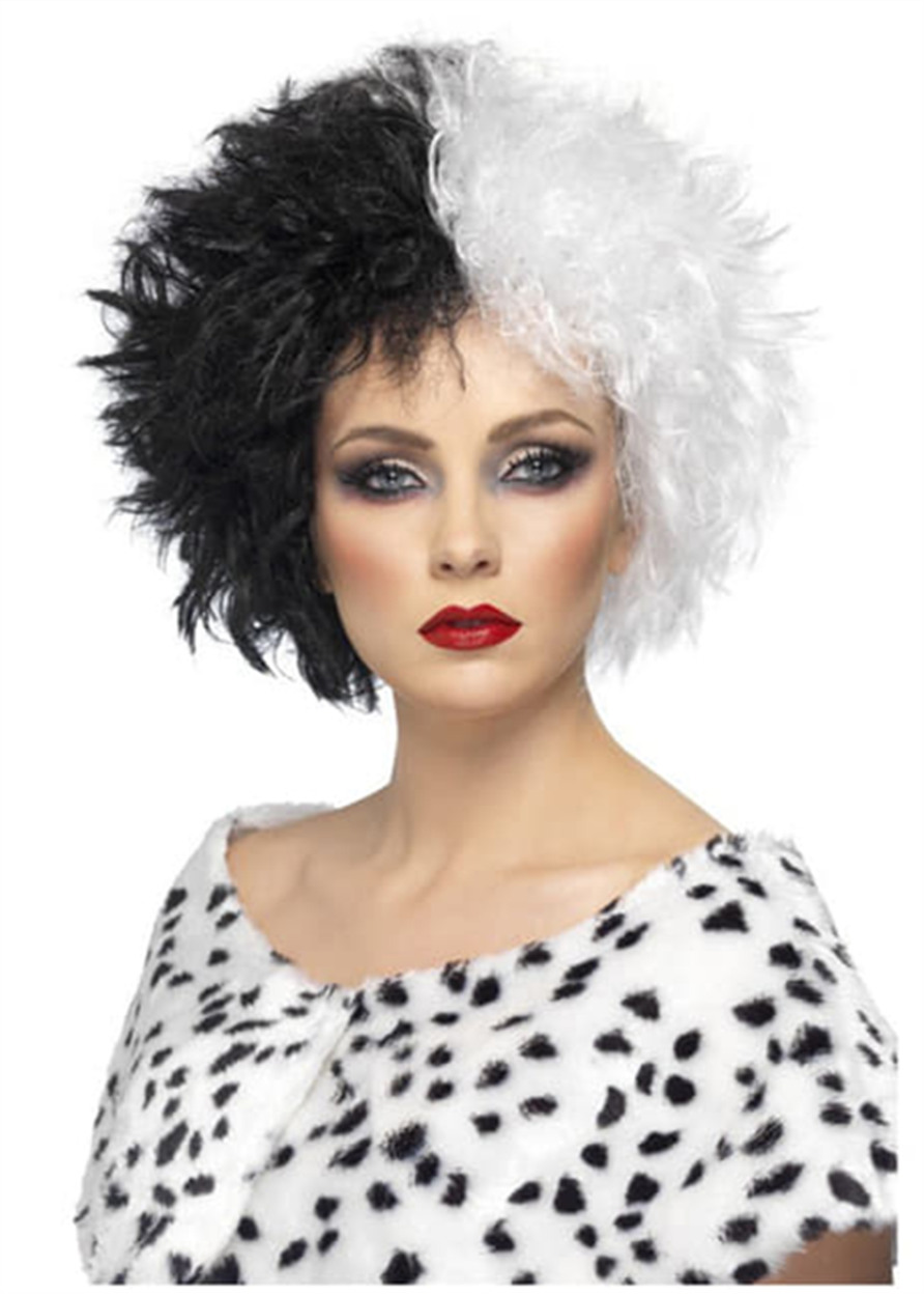 Women's Cruella Wig Hairstyle Black and White Synthetic Hair Wavy Wig