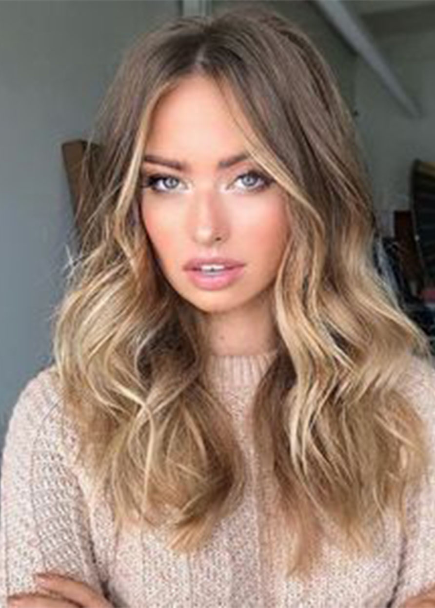Women's Ombre Brown to Blonde Lace Front Wavy Synthetic Hair Wigs with Money Piece Hair