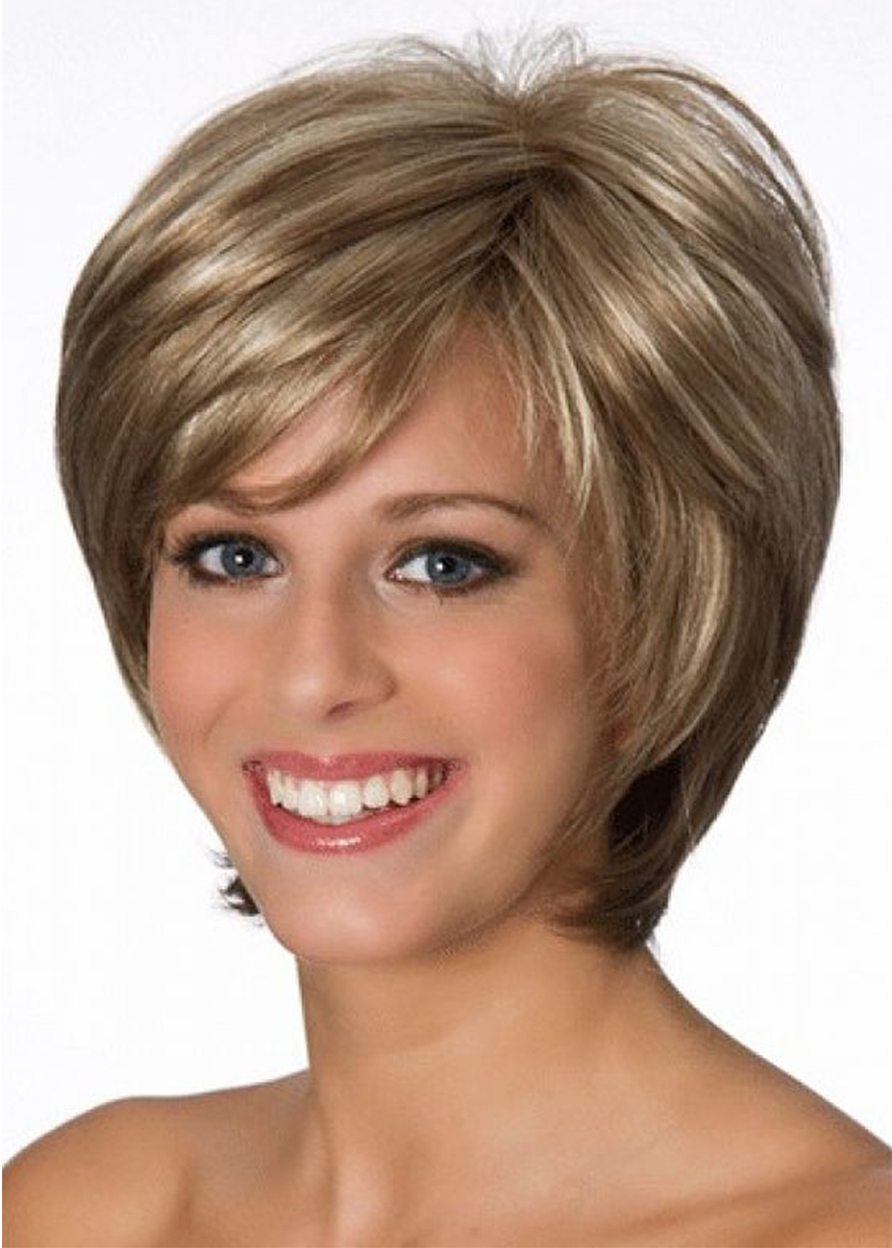 Women's Short Classic Bob Hairstyle Side Part Straight Synthetic Hair Capless Wigs With Bangs 8Inch