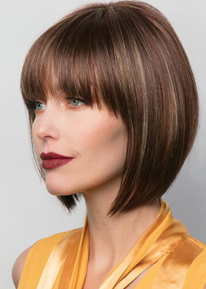 Short Bob Hairstyle Women's Straight Human Hair Capless Wigs With Bangs 8Inch