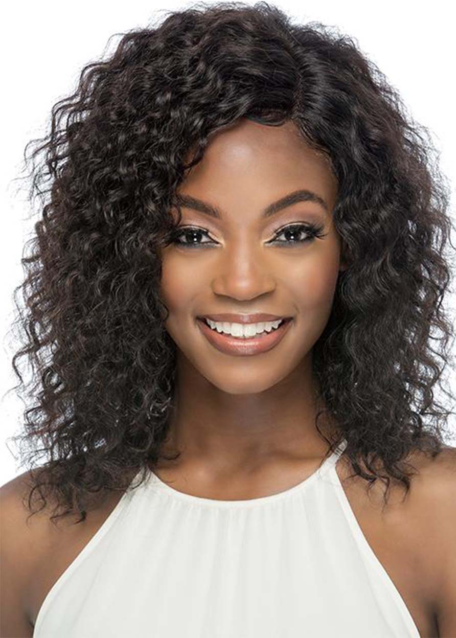 African American Women's Medium Layered Hairstyles Kinky Curly Human Hair Capless Wigs 18Inch