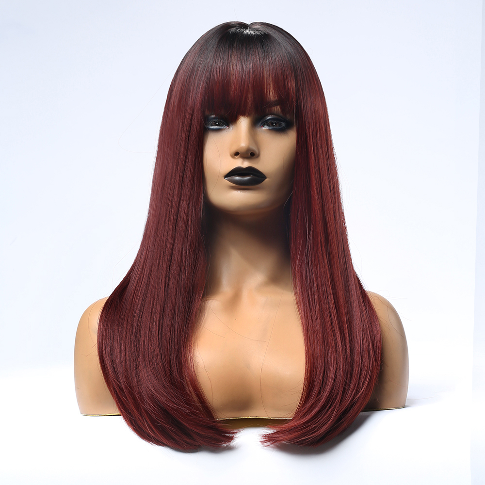 Black Rooted Ombre Red Synthetic Hair Wigs With Bangs For African American Wigs