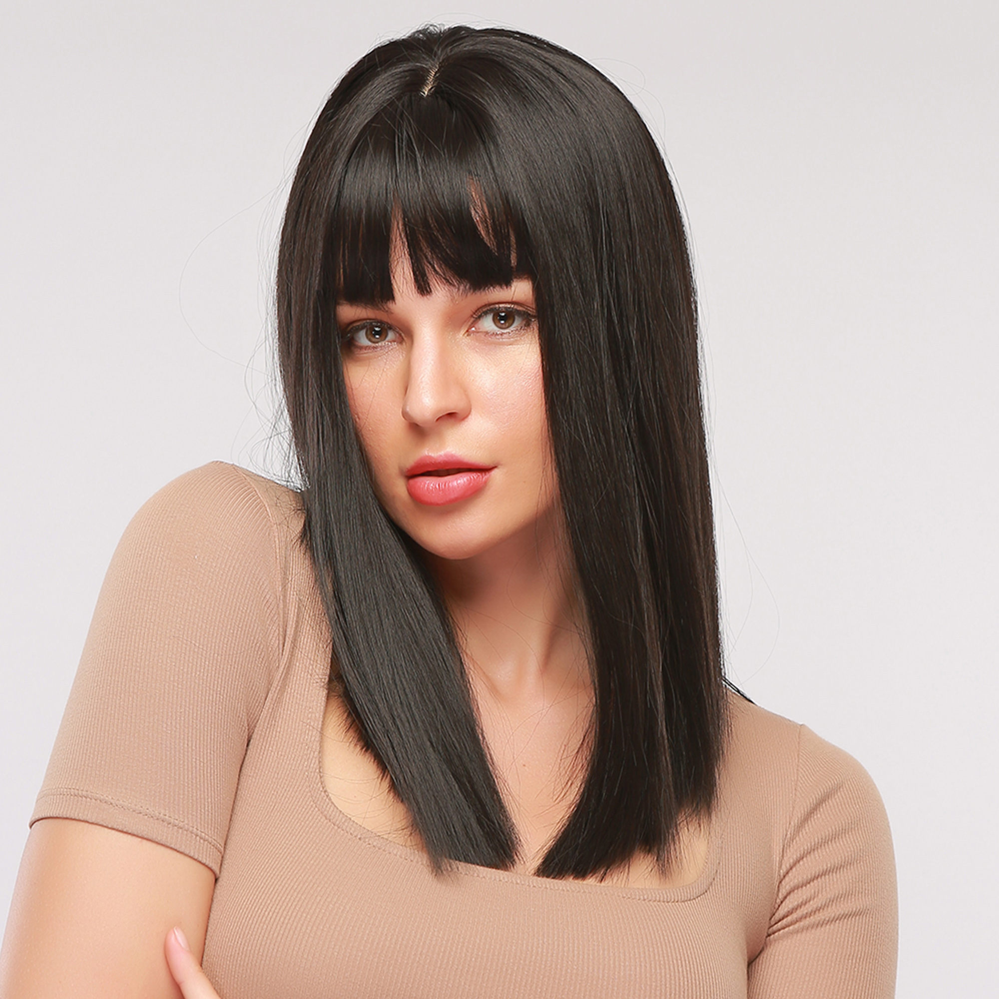Long Straight Bob Synthetic Hair Wig With Bangs Capless Wig 16 Inches