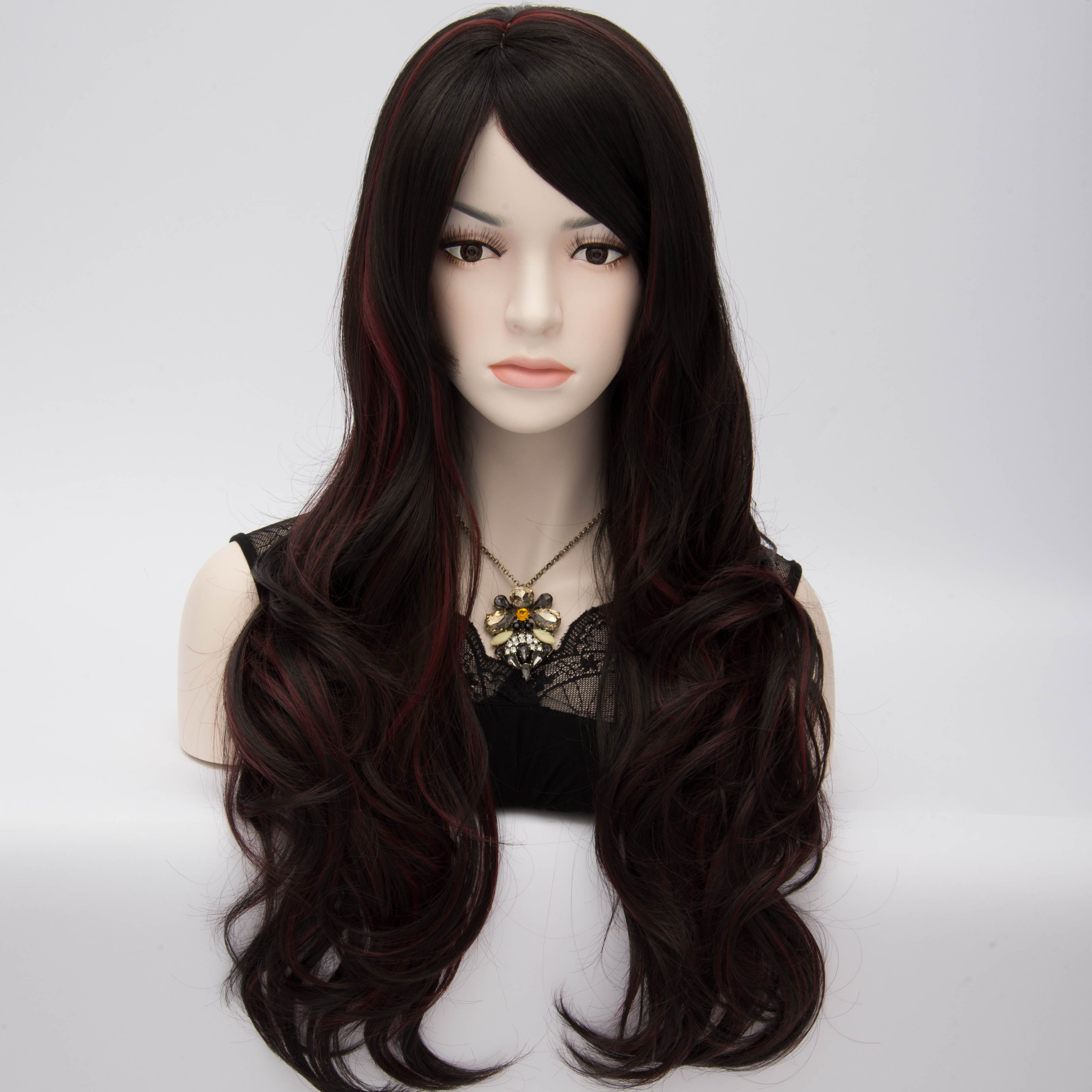 Duchess-Style Long Wavy Brown Cosplay Party Wig with Red Highlights 24 Inches