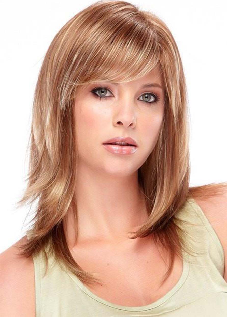 Medium Hairstyles Women's Blonde Slik Straight Synthetic Hair Wigs With Bangs Capless Wigs 16Inch