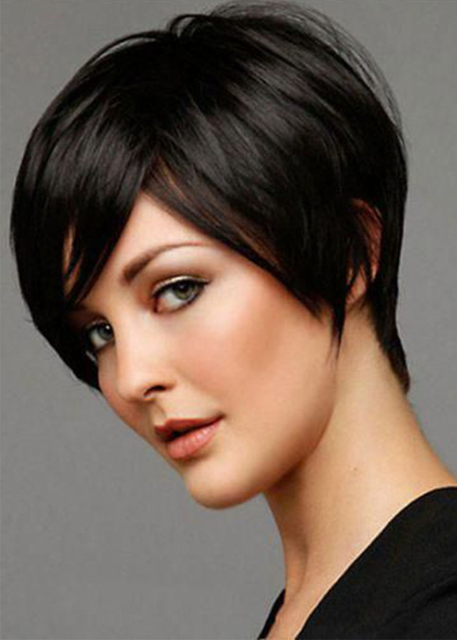 Women's Short Choppy Hairstyles Straight Human Hair Wigs With Bangs Lace Front Cap Wigs 8Inch