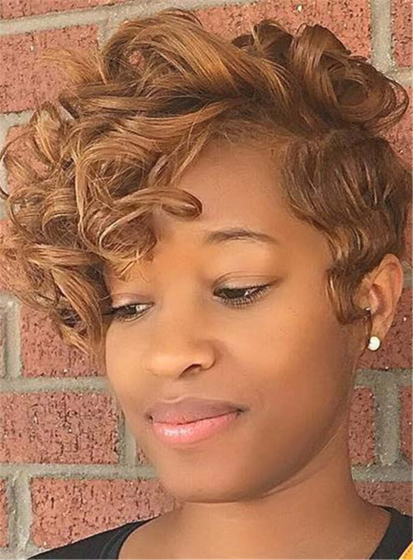 Pixie Short One Side Part Big Curly Wigs Synthetic Hair Lace Front Cap 8 Inches