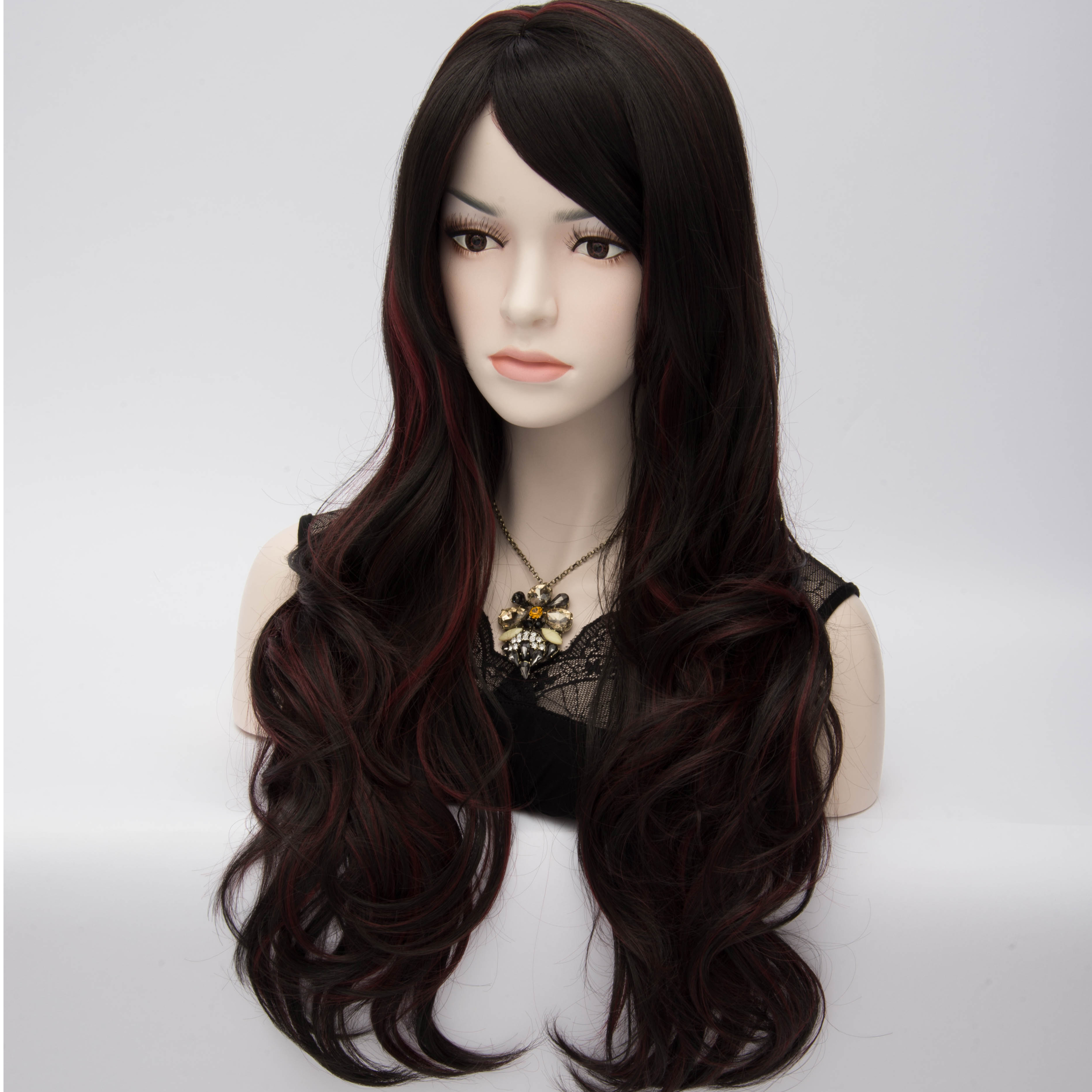 Duchess-Style Long Wavy Brown Cosplay Party Wig with Red Highlights 24 Inches