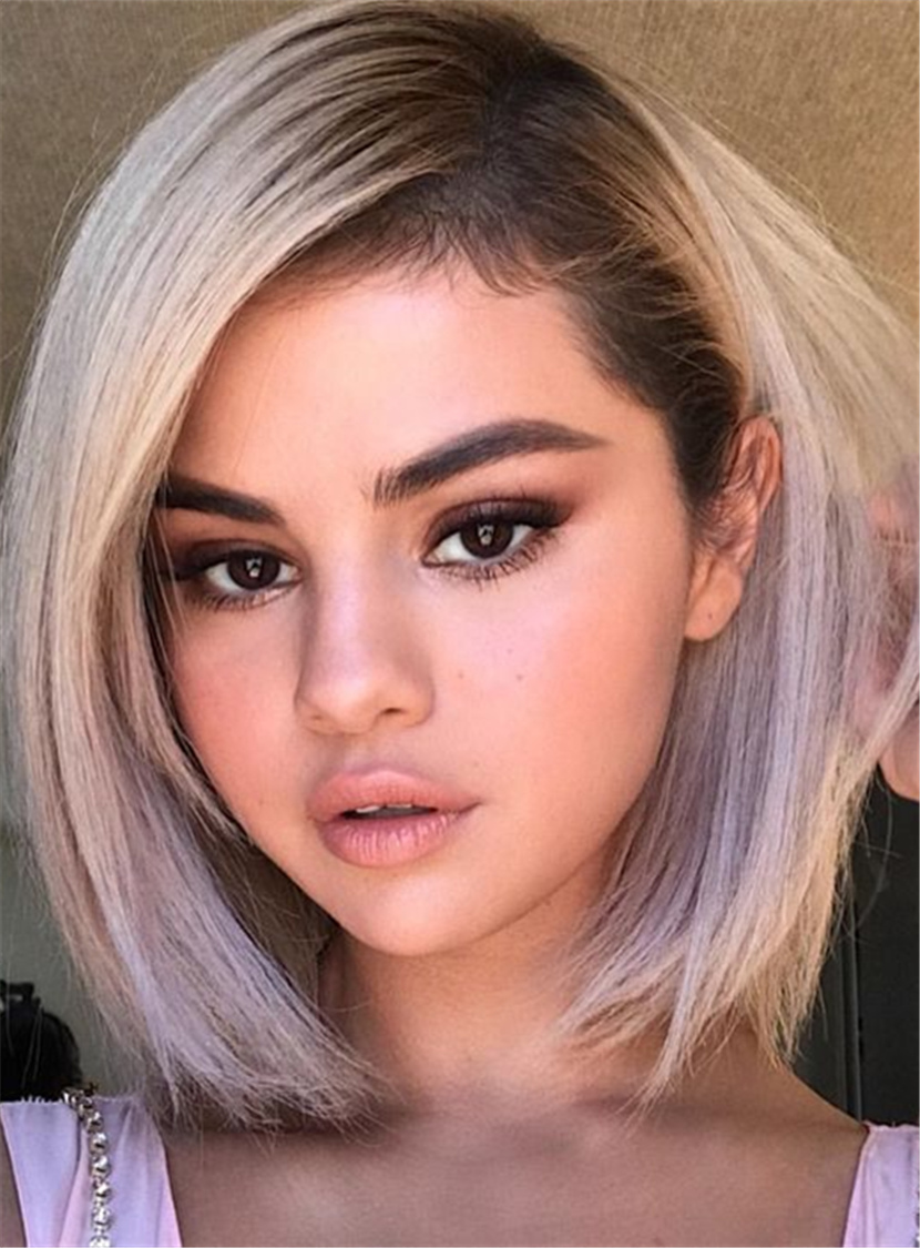 Selena Gomez Newest Hairstyle Bob Wigs Synthetic Hair Straight Short Lace Front Cap 10 Inches