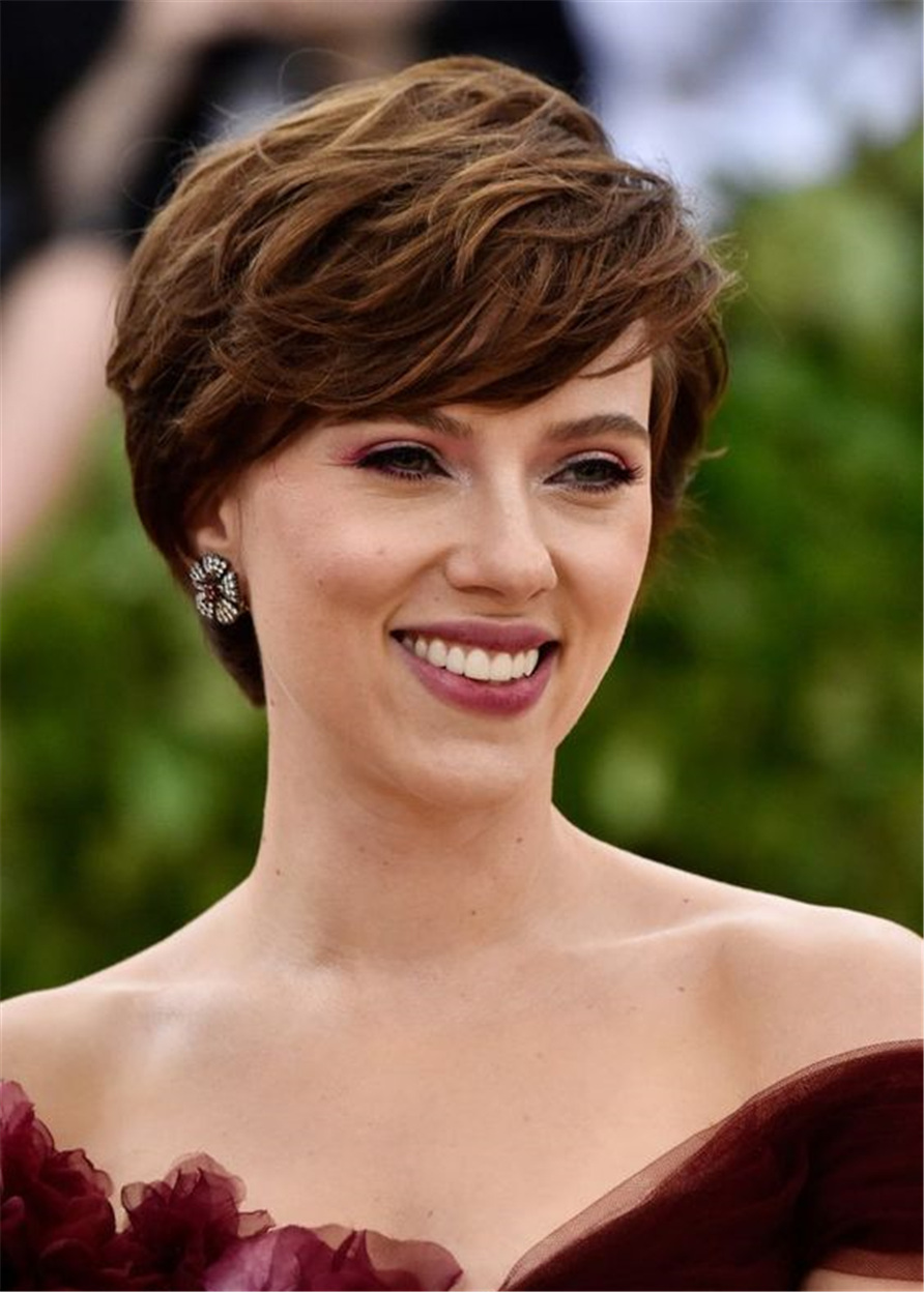 Scarlett Johansson Hairstyle Women's Layered Wavy Human Hair With Bangs Capless Wigs 12Inch