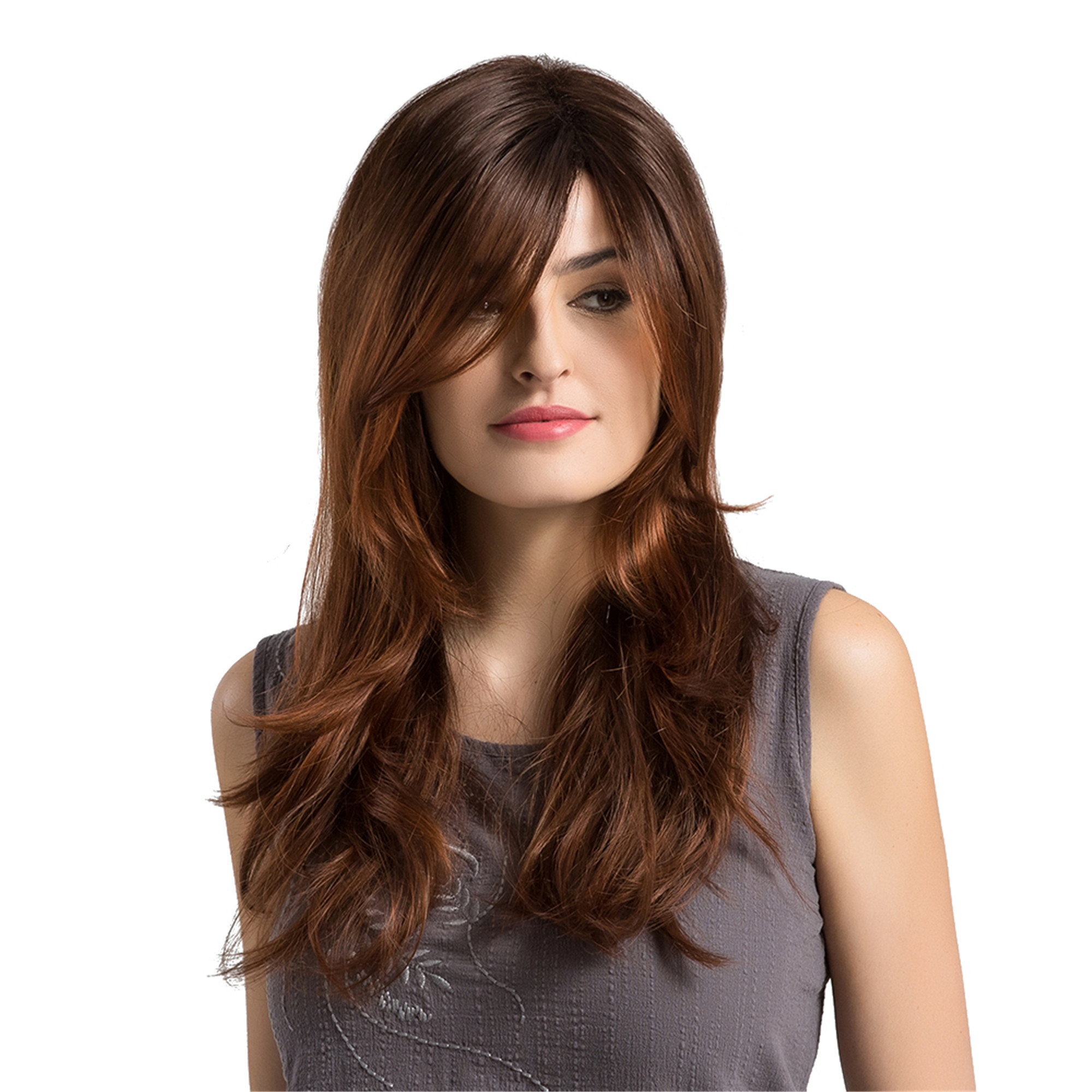 Dark Root Brown Natural Wave Synthetic Women Capless Wigs