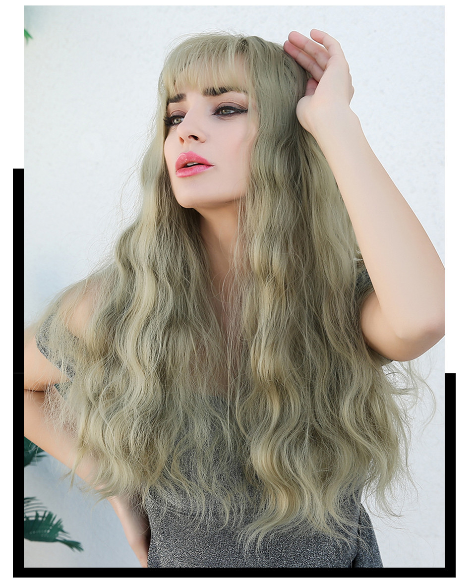 Long Wavy Synthetic Hair With Bangs Light Color Women Wig 26 Inches