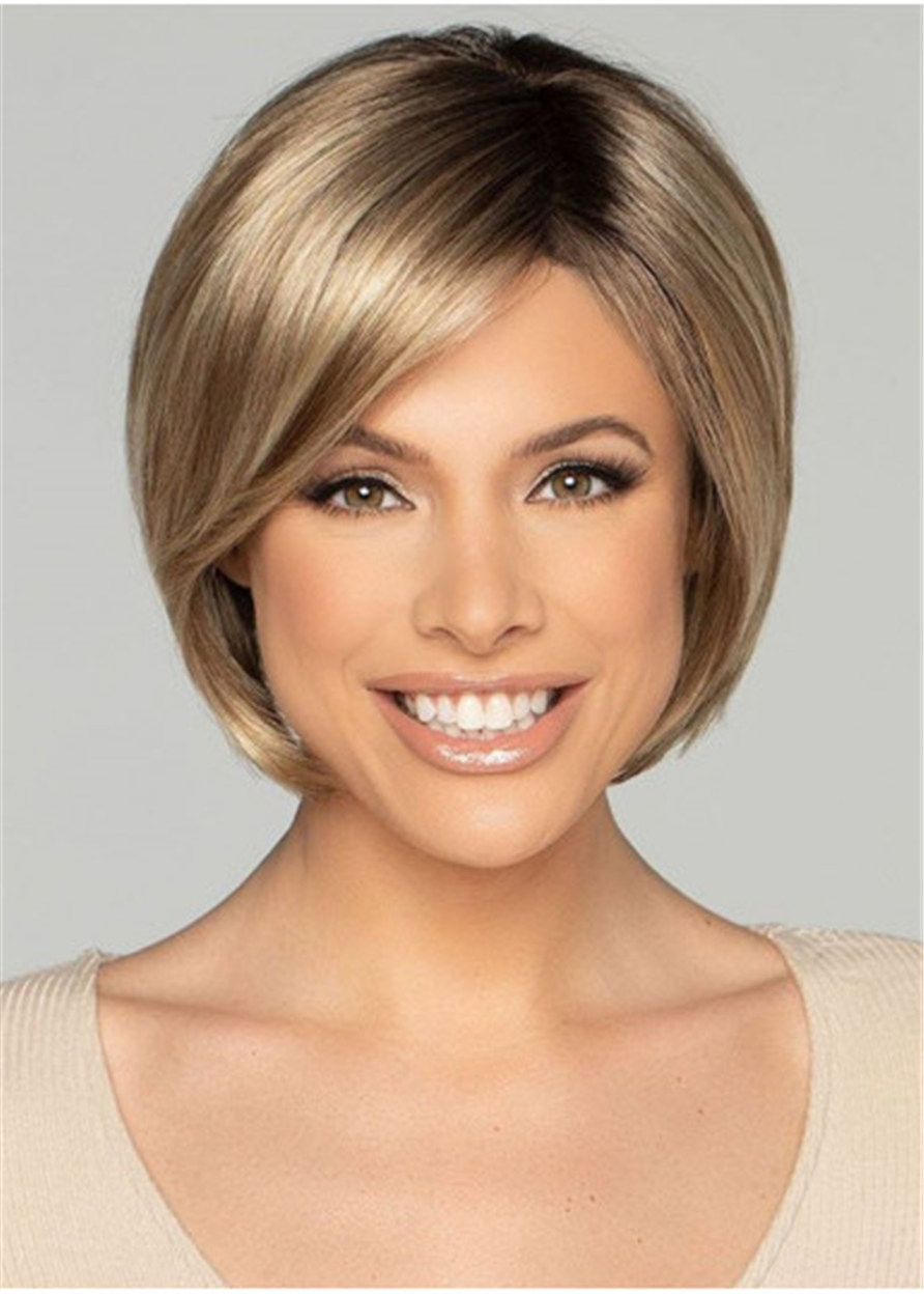 Women's Short Bob Hair Cut Natural Straight Synthetic Hair Wigs With Bangs 12Inch