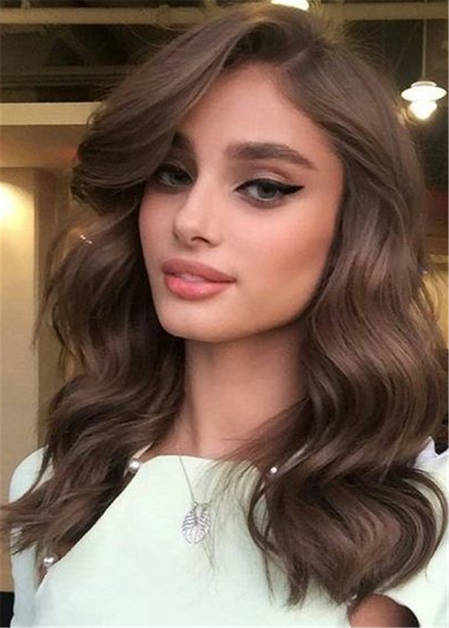 One Side Parted Long Wavy Human Hair Capless Women Wig 20 Inches