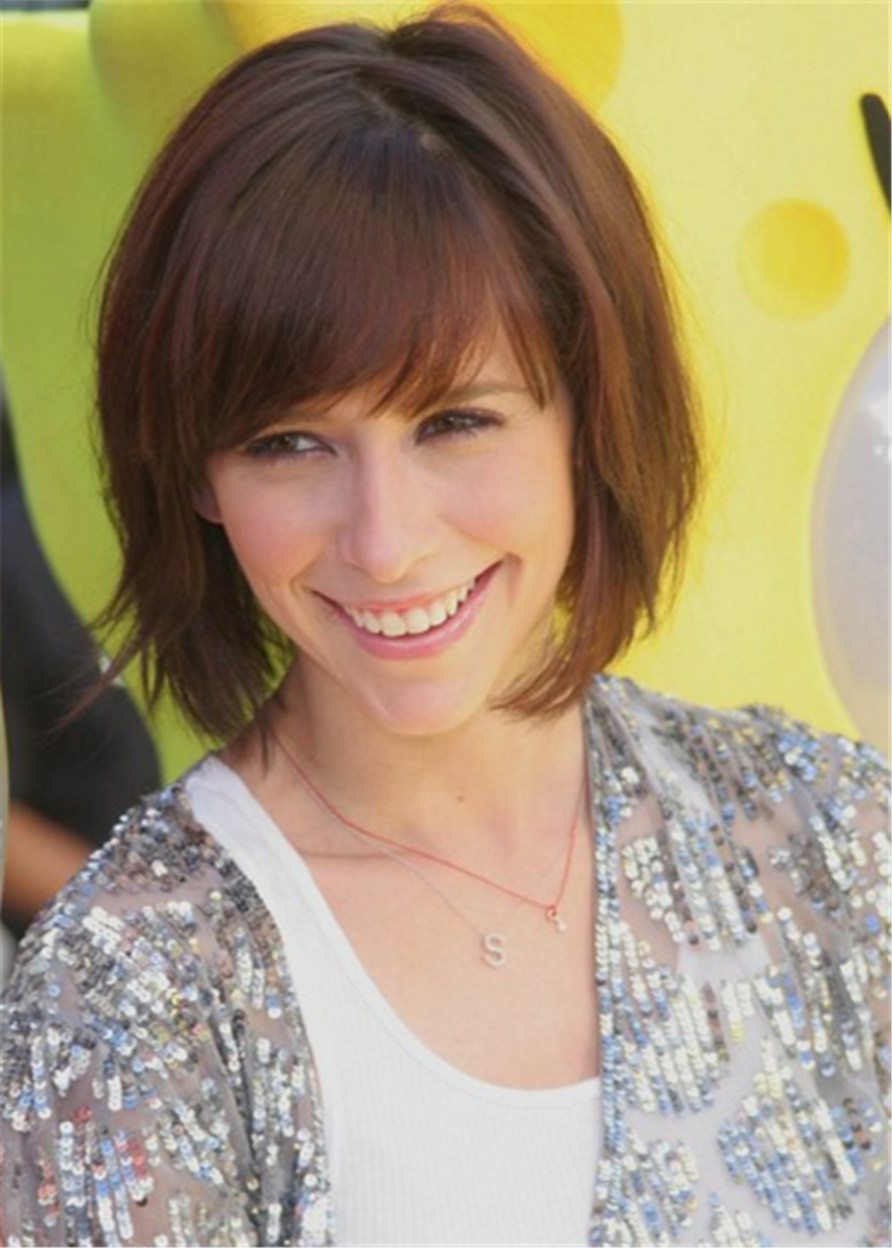 Jennifer Love Hewitt Hairstyle Short Bob Human Hair Straight Wig With Bangs 14Inches