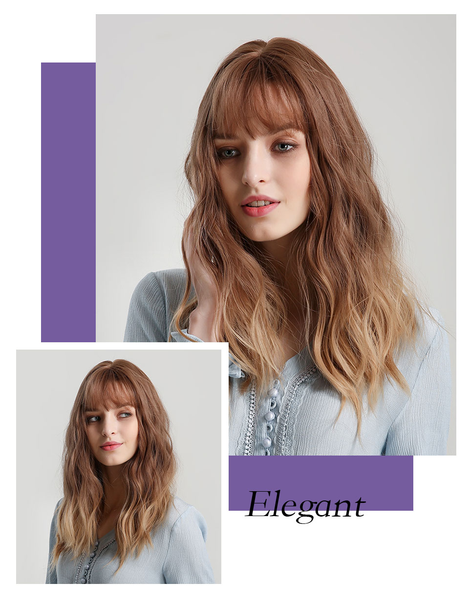 Long Brown Wavy Synthetic Hair With Bangs Women Wig 20 Inches