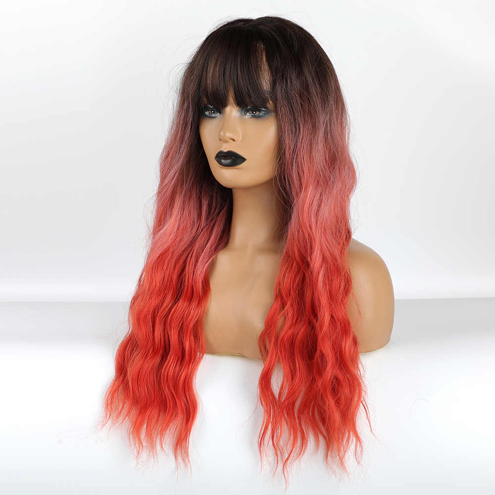Long Ombre Color Synthetic Hair Wigs With Bangs 26 Inches