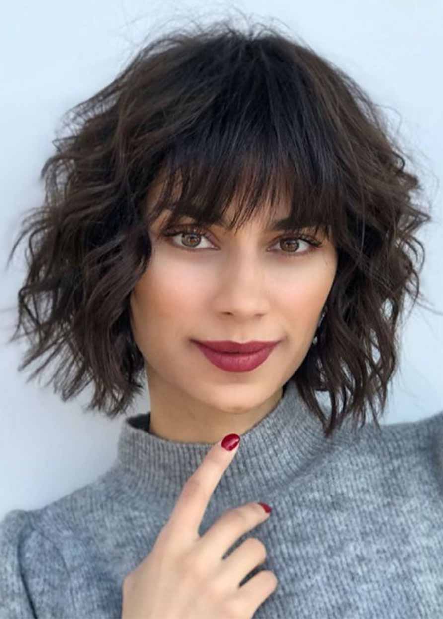 Women's Layered Wavy Bob Hairstyles Beach Waves Synthetic Hair Capless Wigs With See-Through Bangs 12Inch