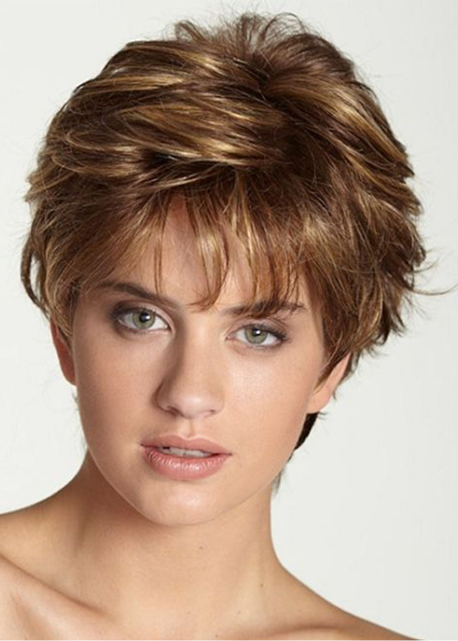 Short Bob Hairstyles Women's Natural Layered Wavy Synthetic Capless Wigs With Bangs 6Inch