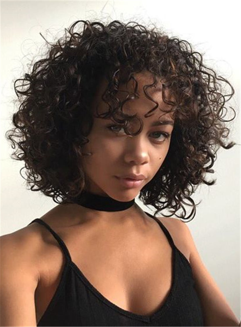 Fluffy Kinky Curly Bob With Bangs Medium Length Synthetic Hair Capless Cap Wigs 12 Inches