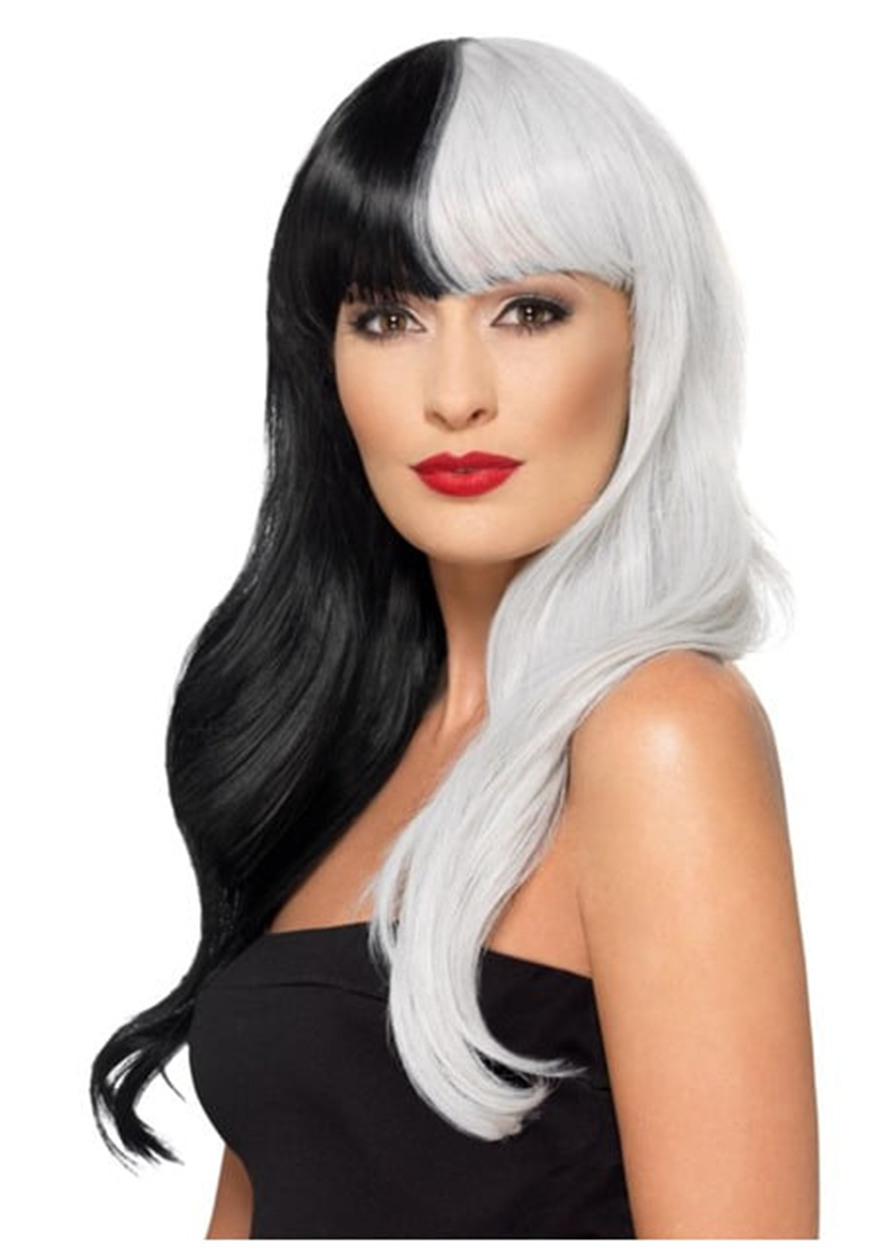 Long Cruella Hairstyle Black and White Synthetic Hair With Bangs Capless Wig