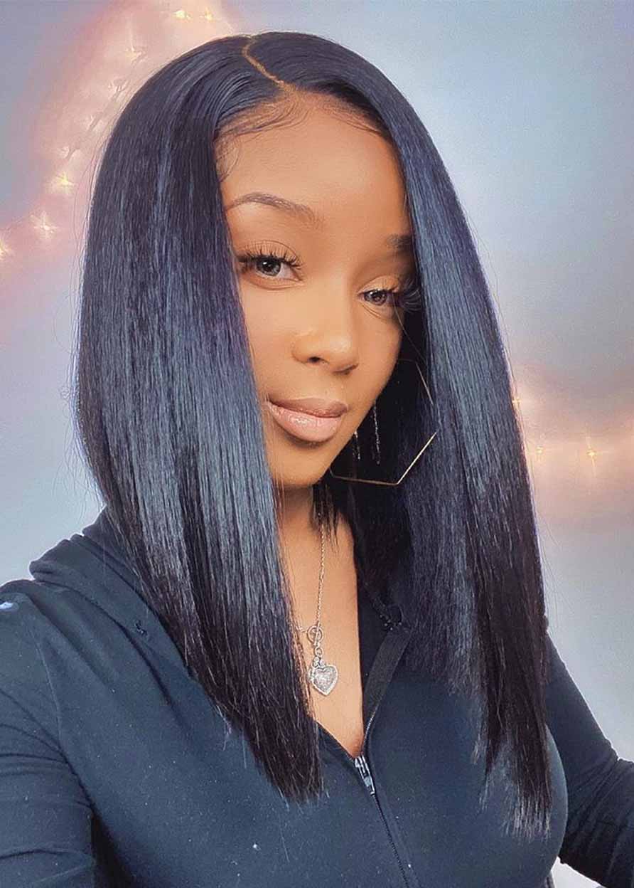 African American Women's Medium Hairstyles Natural Straight Black Synthetic Hair Capless Wigs 18Inch