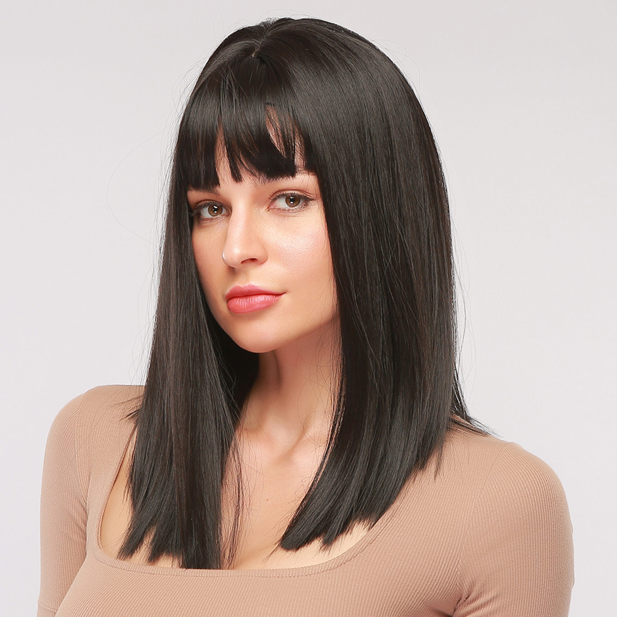 Long Straight Bob Synthetic Hair Wig With Bangs Capless Wig 16 Inches
