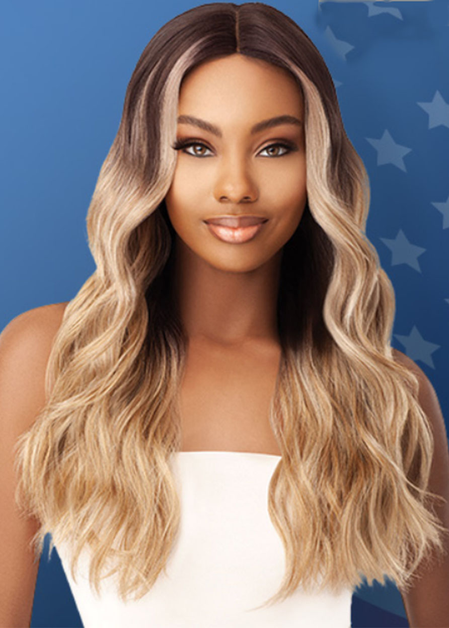 Natural Black To Brown Women's Ombre Color Body Wave Synthetic Hair Capless Wigs 26Inches