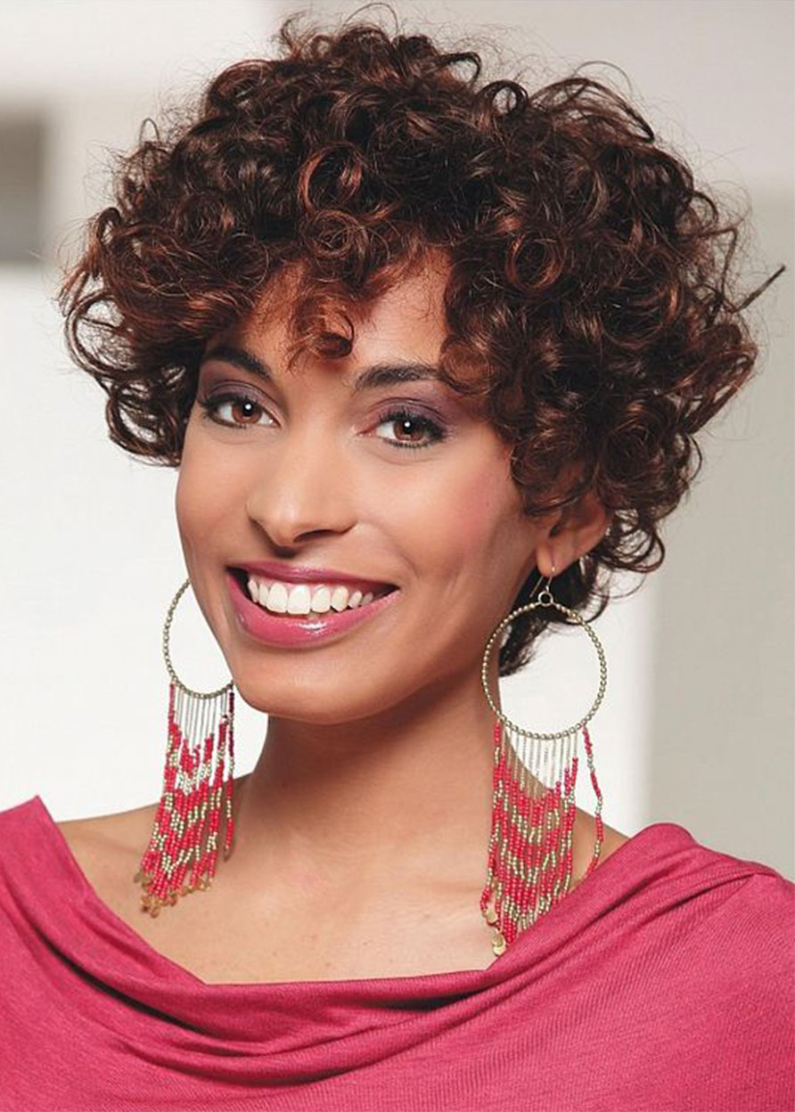 Women's Afro Kinky Curly Hairstyles Curly Human Hair Wigs With Bangs Lace Front Cap Wigs 8Inch
