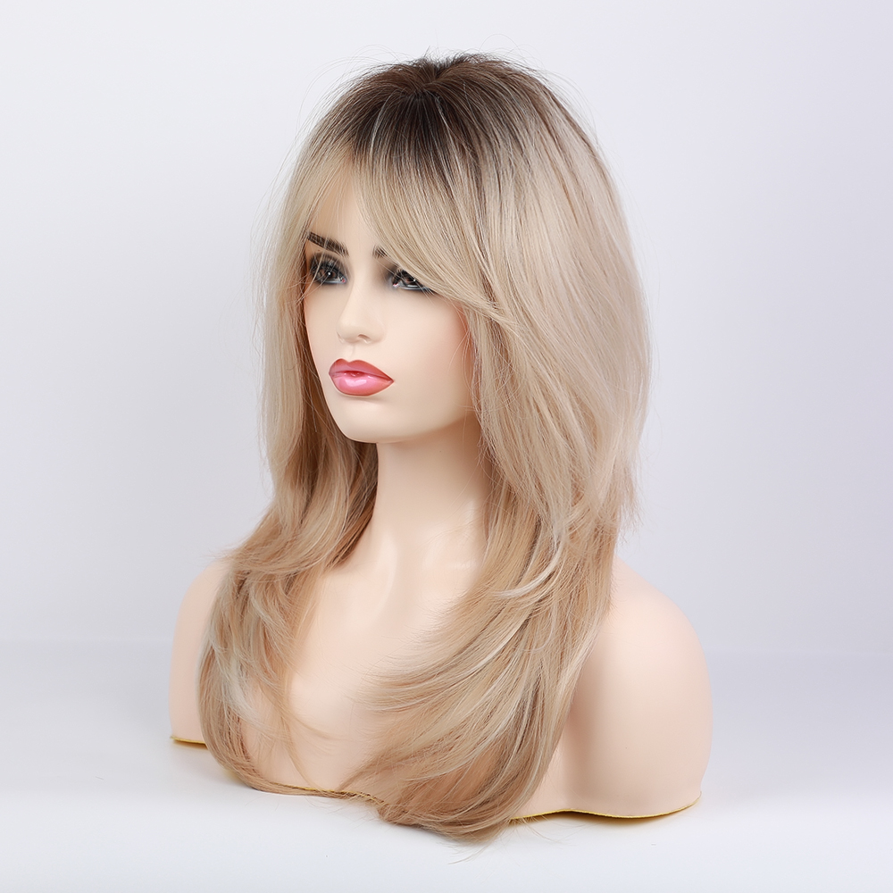 Long Blonde Synthetic Wigs With Layered Bangs Women Wig 24 Inches