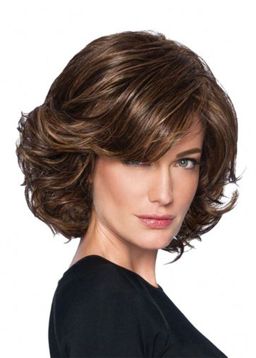 Medium Layered Hairstyle Women's Wavy Synthetic Hair Capless Wigs With Bangs 14Inch