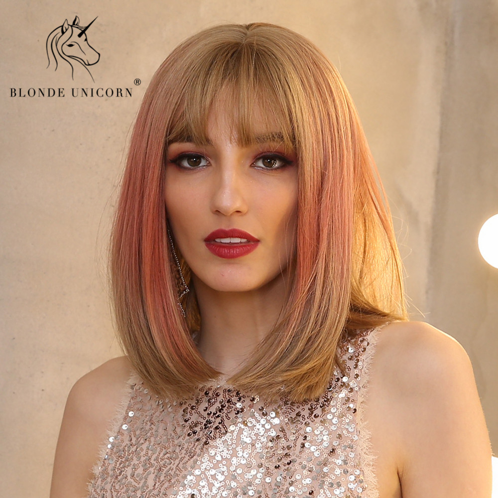 Medium Bob Ombre Straight Hair With Bangs Synthetic Wig 14 Inches