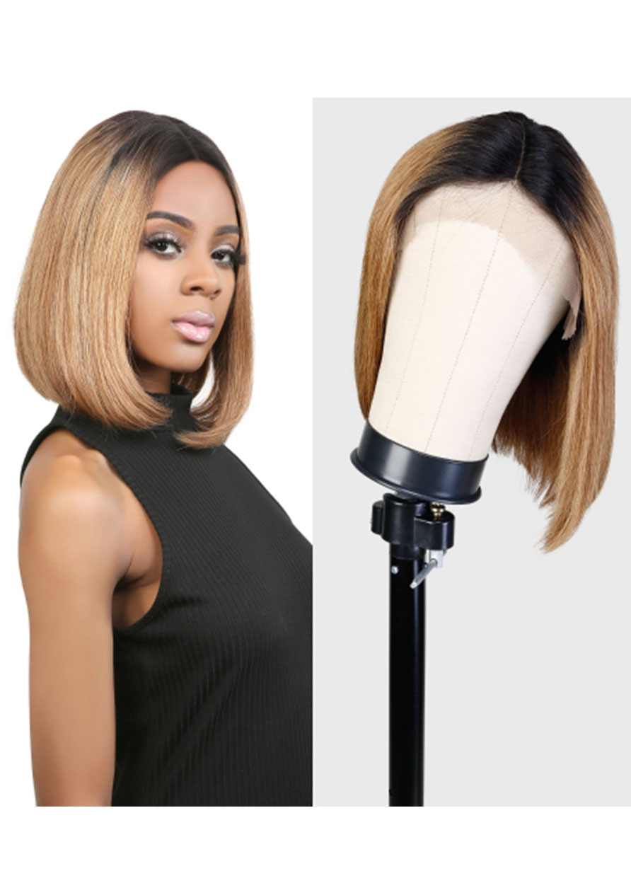 Short Bob Hairstyles Women's Middle Part Straight Human Hair Lace Front Wigs 14Inch