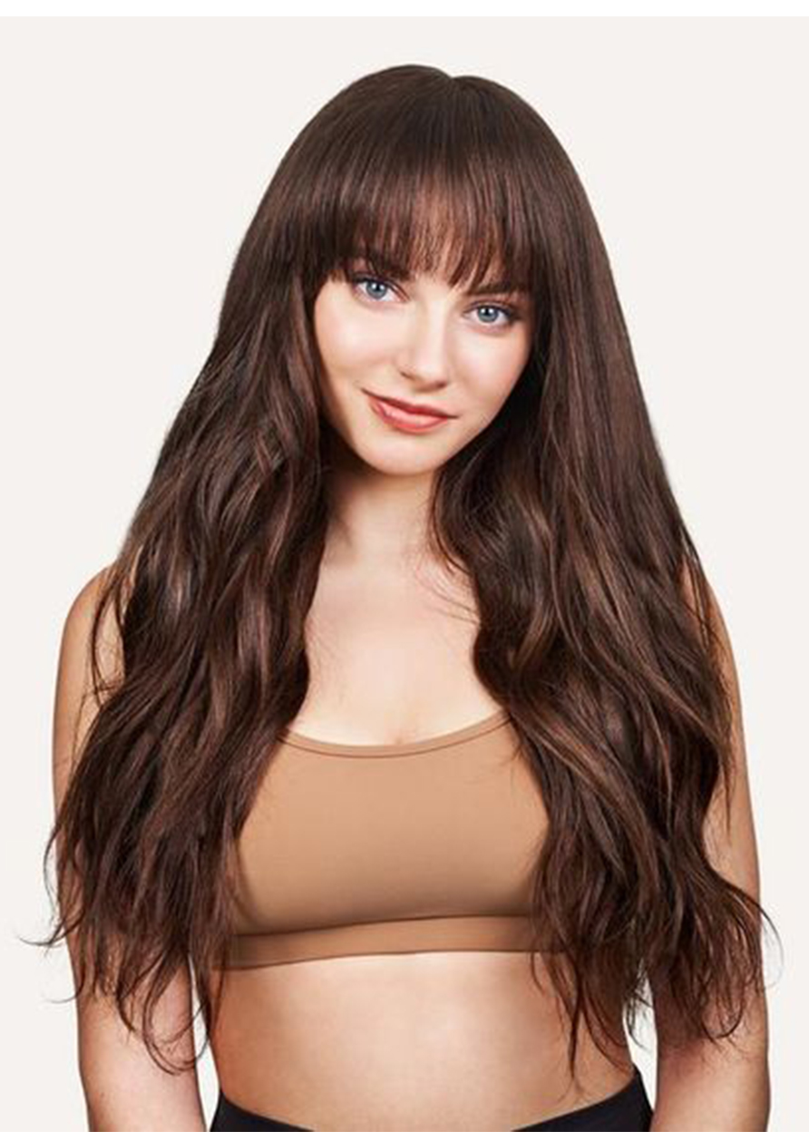 Women's Long Layered Straight Human Hair Wigs With Bangs Capless Wigs 26Inch