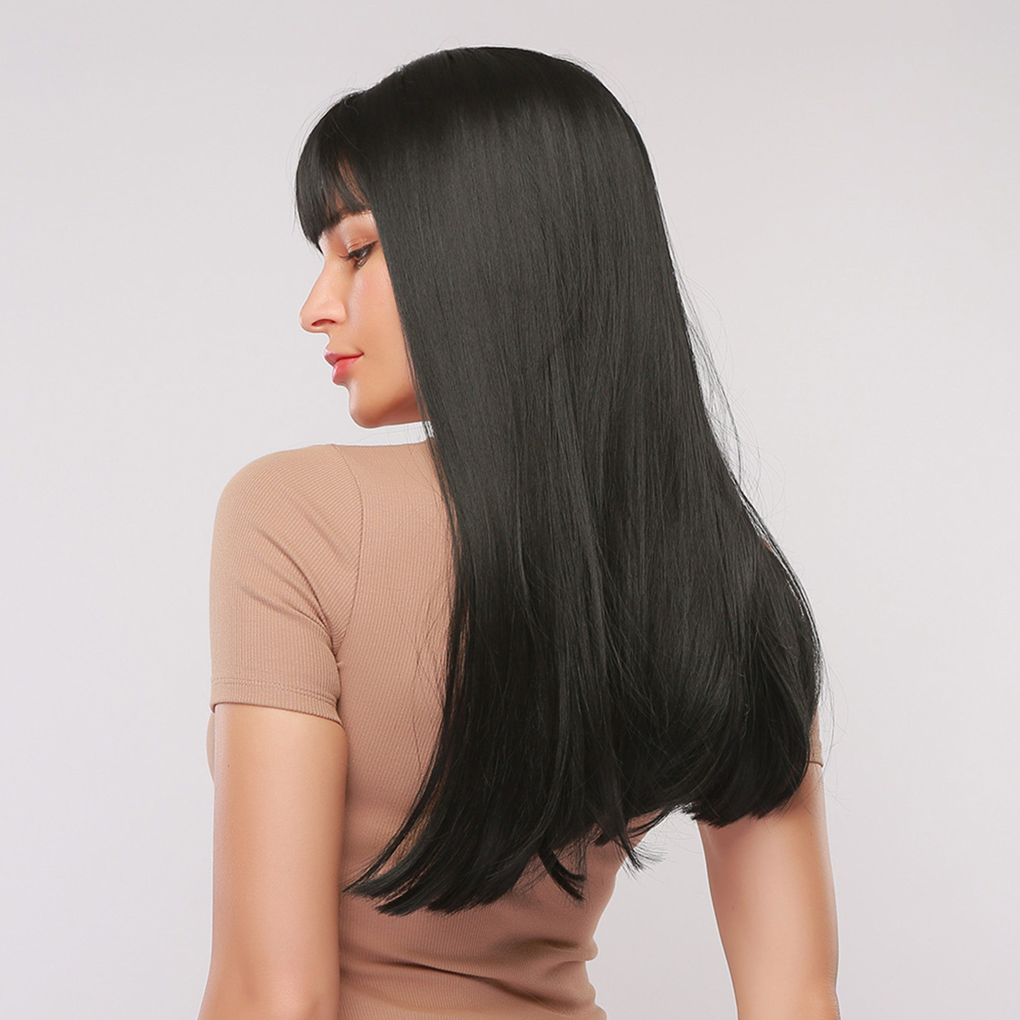 Long Synthetic Natural Straight Hair With Bangs Capless Wig 28 Inches
