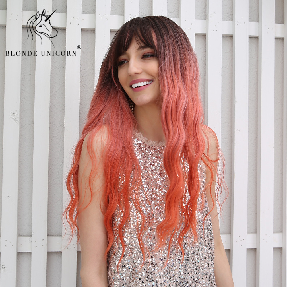 Ombre Hair Long Wavy 	Synthetic Hair With Bangs Women Wig 26 Inches