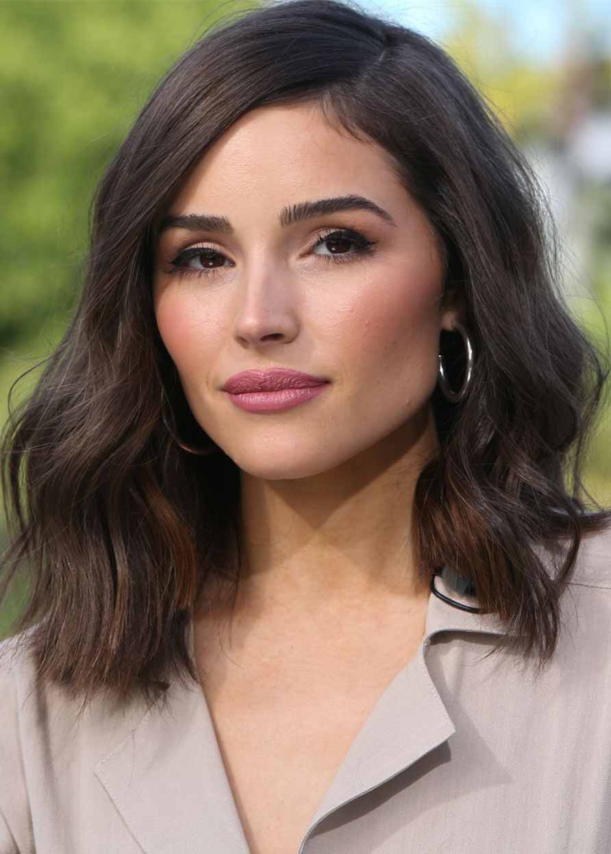 Olivia Culpo's Hairstyle Women's Layered Shoulder-Length Lob Wavy Human Hair Capless Wigs 20Inch
