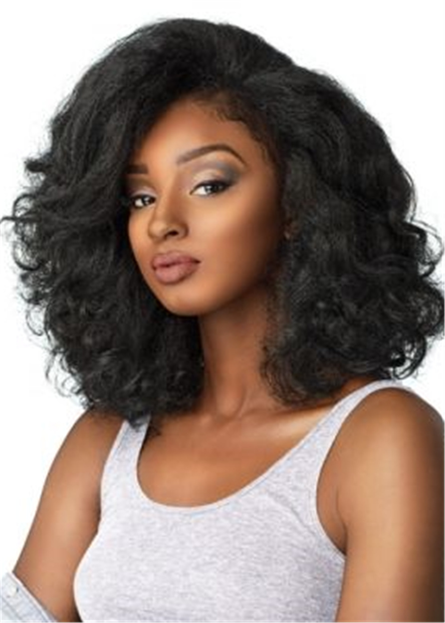 Long Bob Side Part Curly Synthetic Hair African American For Black Women Capless 16 Inches