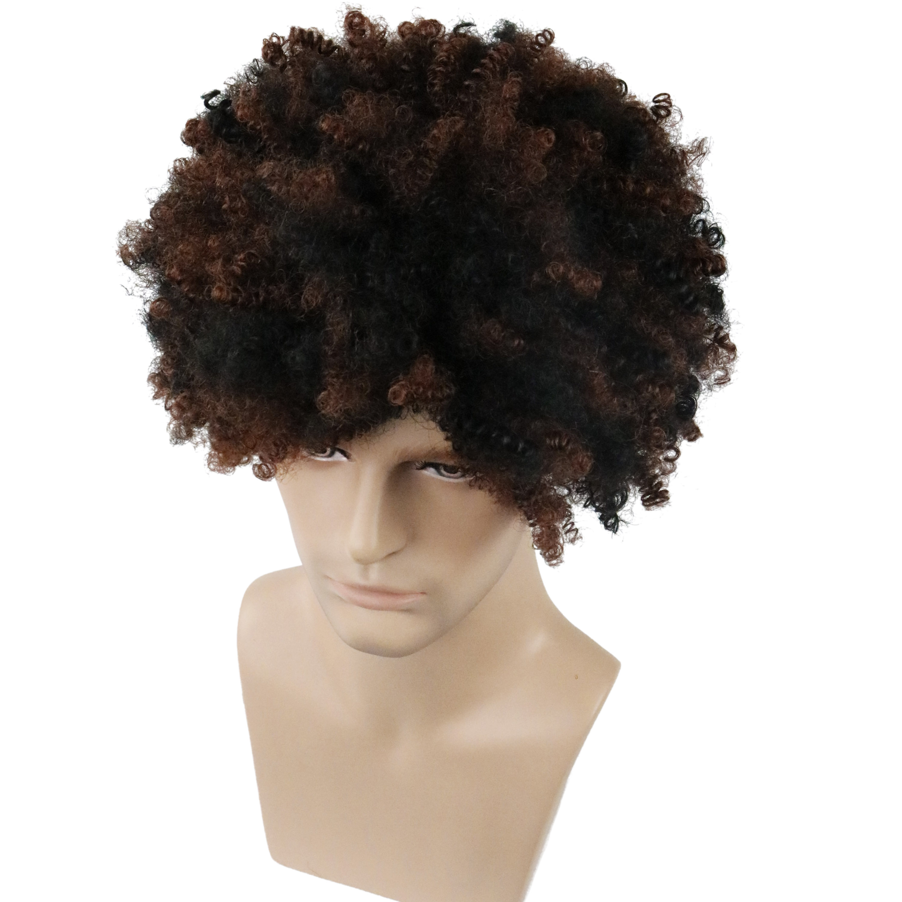 Men's Short Afro Curly Synthetic Hair Capless Wigs Black&Brown Mixed Color 12inch