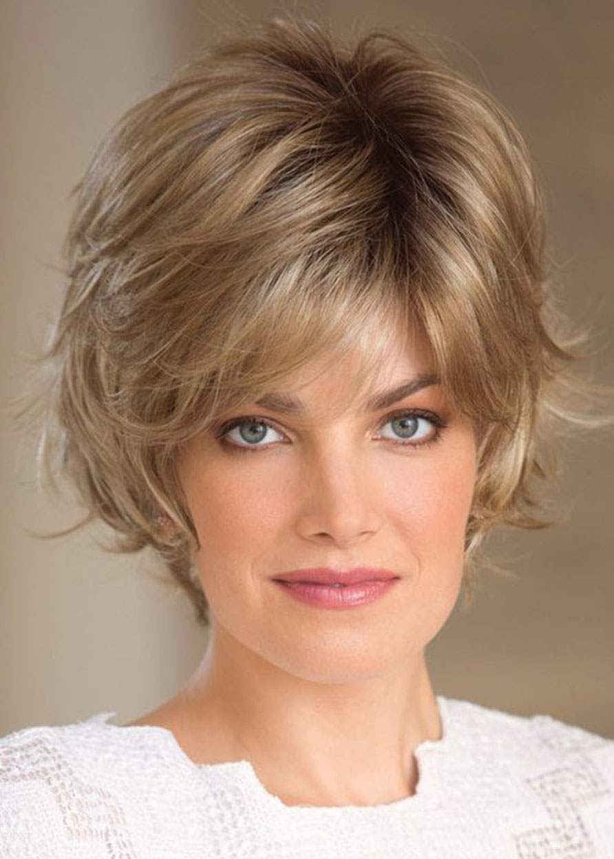 Short Layered Hairstyle Women's Side Part Blonde Color Synthetic Hair Wigs Natural Straight Capless Wigs 14Inch