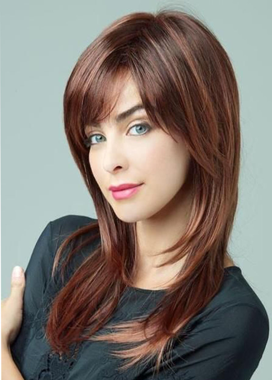 Medium Hairstyles Women's Natural Straight Synthetic Hair Wigs With Bangs Capless Wigs 18Inch