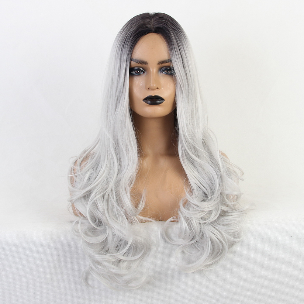 Ombre White Color Long Synthetic Hair Wavy Wig 24 Inches