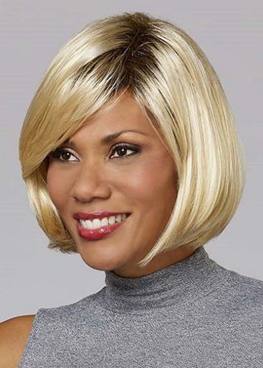 African American Women's Blonde Color Bob Straight Synthetic Hair Capless Wigs 10Inch